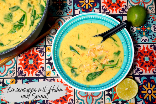 Suppe mit roten Linsen, Hähnchen, Spinat und Erdnüssen